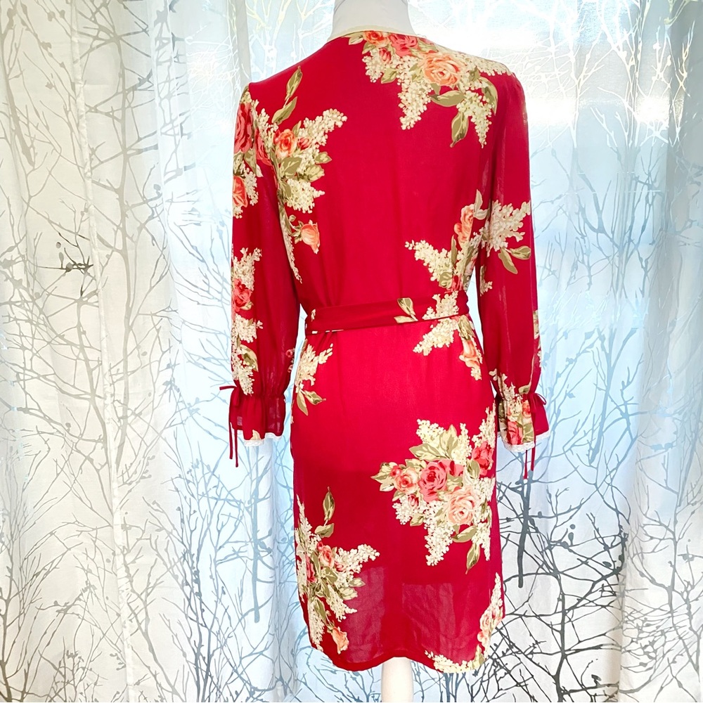 OSCAR DE LA RENTA PINK LABEL cream red green floral print sheer long sleeve robe - Picture 3 of 10